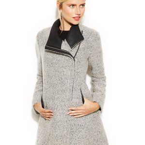 Calvin Klein-Faux-Leather-Trim Bouclé Coat
